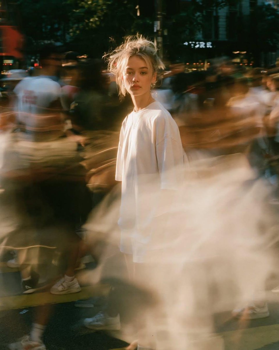 黄昏时分温暖胶片风格的街头人像，年轻女性完美锐利、纹丝不动地站立，神情安静自信，晒成浅亚麻色的金发，身着简约白色服饰，周围匆匆涌动的人群消融为长曝光留下的幽灵般运动条纹，她是温暖动感模糊中唯一...