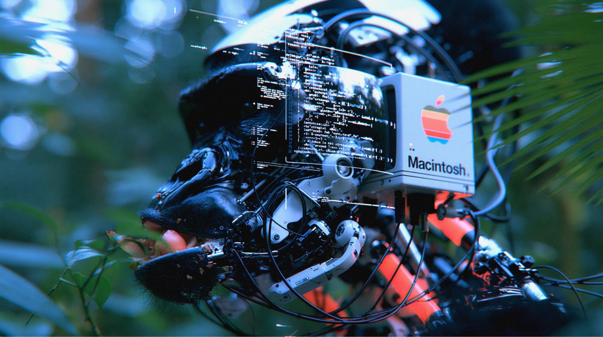 远距离长焦机甲猩猩面部特写,复古1980年代"Macintosh"苹果品牌标识,角落里褪色复古全彩色谱线苹果logo,进食中,分层构图,高ISO速度视觉,机甲猩猩面部锐利对焦柔和衰减,倾斜构图...