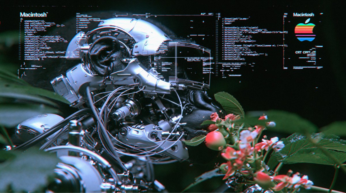 远距离长焦机甲猩猩面部特写,复古1980年代"Macintosh"苹果品牌标识,角落里褪色复古全彩色谱线苹果logo,进食中,分层构图,高ISO速度视觉,机甲猩猩面部锐利对焦柔和衰减,倾斜构图...