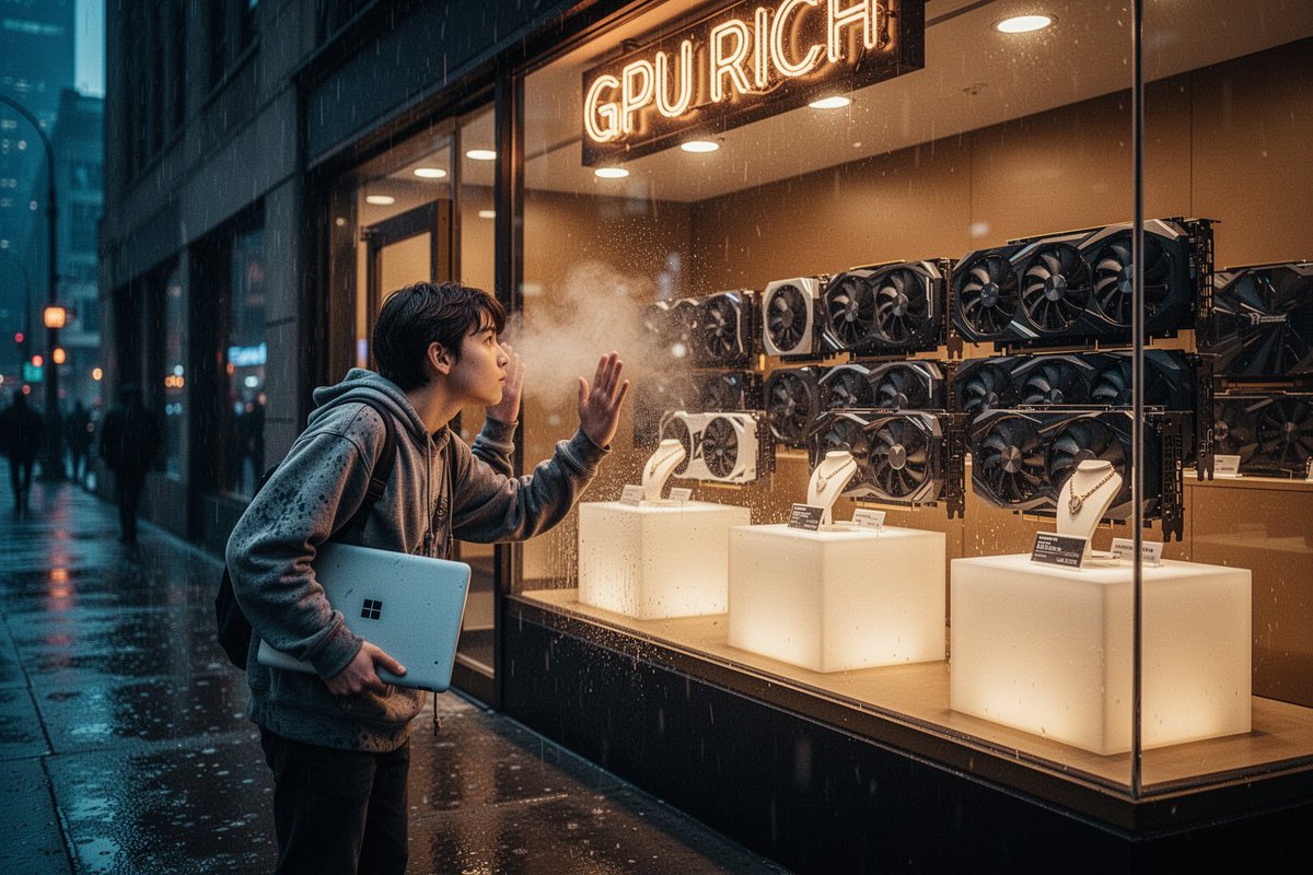 夜晚雨中的城市人行道，潮湿路面上泛着冷蓝色倒影。一个穿着破旧连帽衫的年轻人将脸和手贴在大型玻璃店橱窗上，渴望地望向店内，呼吸在玻璃上起了雾。温暖金色调的展厅内，一排排巨大的三风扇消费级显卡（无...