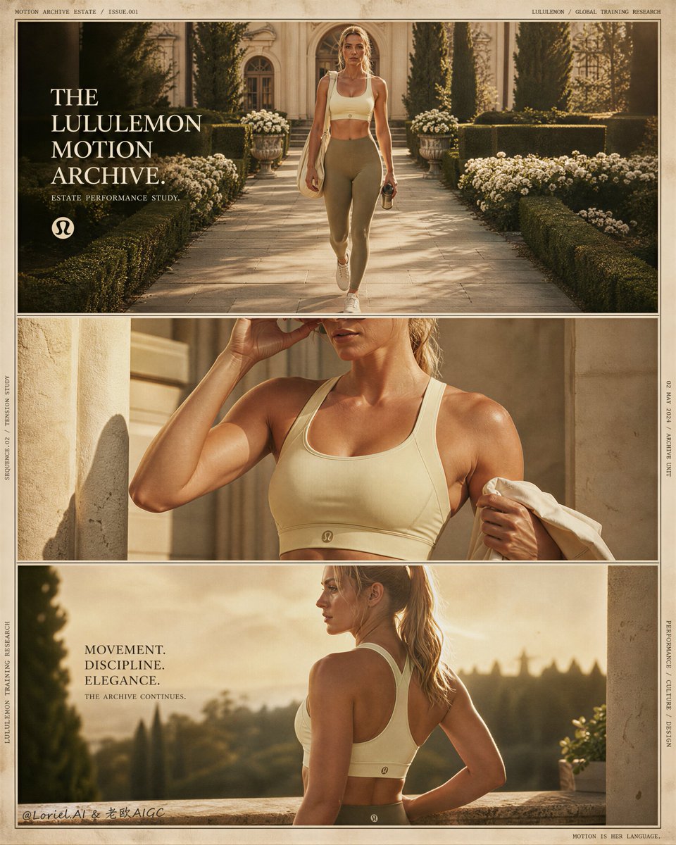 为Lululemon运动内衣创作一张超高端的三联幅编辑式宣传海报,以"动态档案庄园"(Motion Archive Estate)为概念的奢华运动时尚视觉作品。整体构图必须采用锁定的竖版三联杂...
