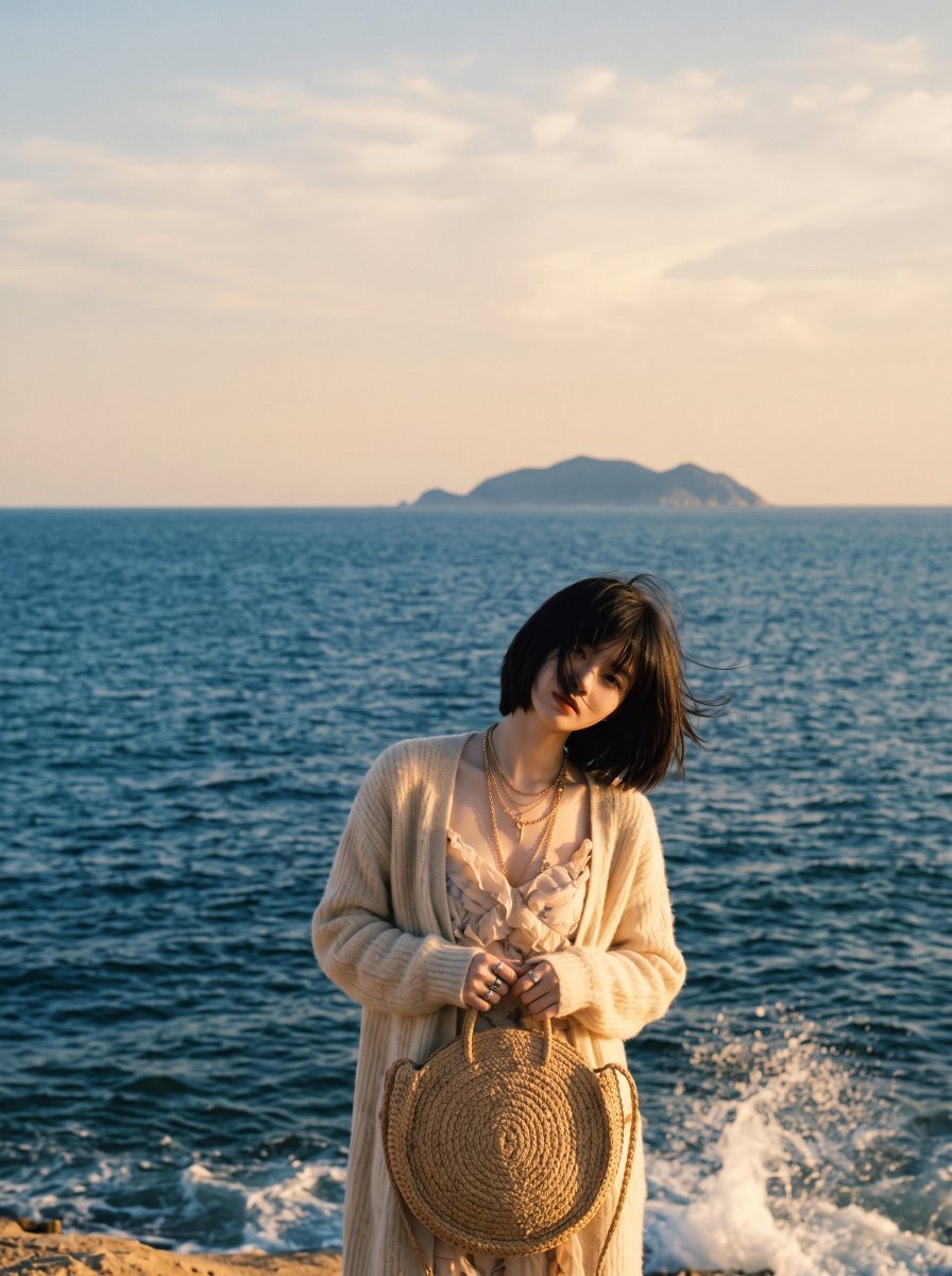 东亚年轻女性审美生活方式肖像，齐刘海黑色短发波波头，强烈的海风戏剧性地将所有头发吹过面部完全遮住眼睛，营造神秘的无脸美学，嘴唇和鼻子透过被风吹起的发丝若隐若现，身穿超大柔软米色针织开衫内搭精致...