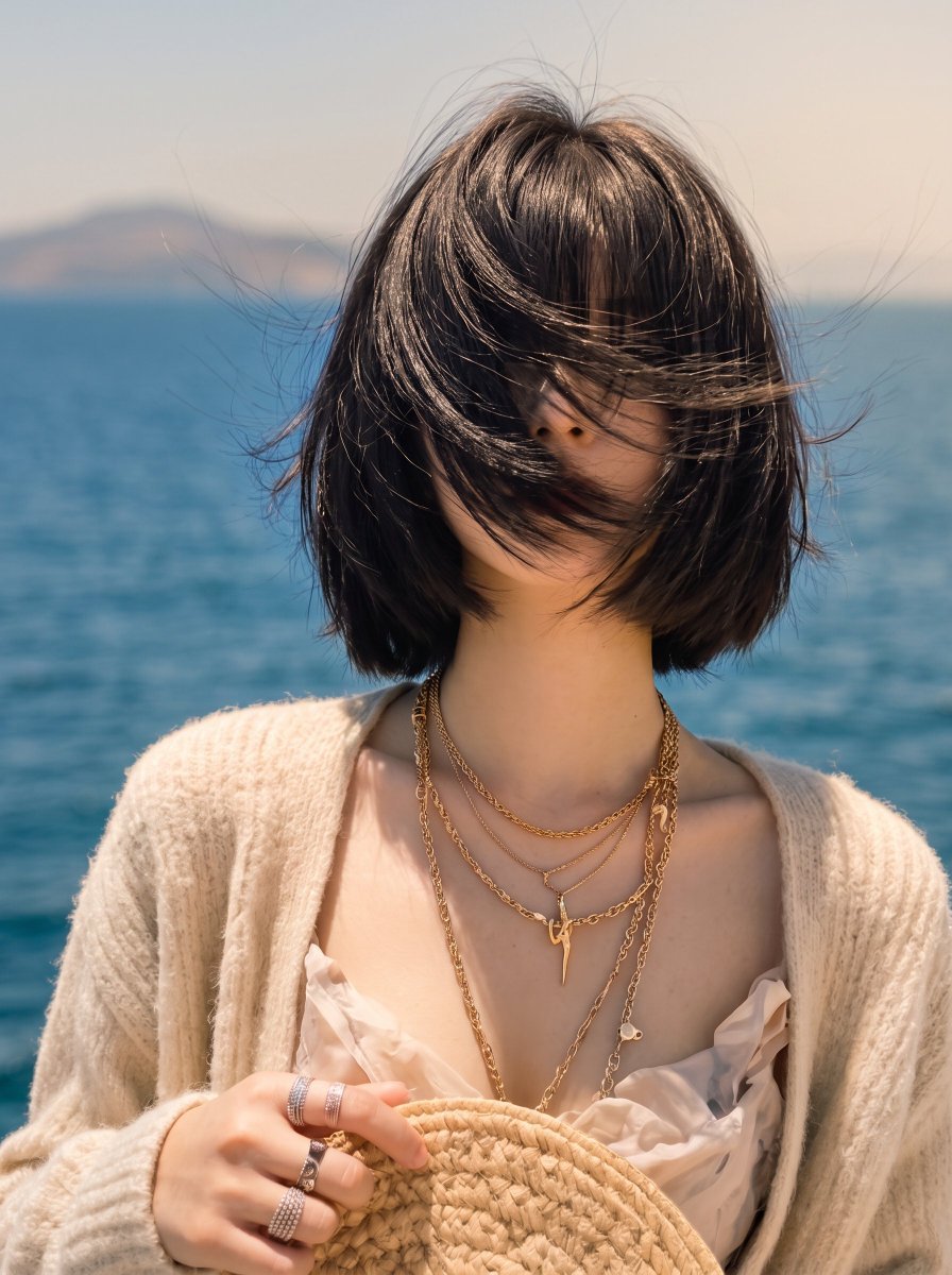 东亚年轻女性审美生活方式肖像，齐刘海黑色短发波波头，强烈的海风戏剧性地将所有头发吹过面部完全遮住眼睛，营造神秘的无脸美学，嘴唇和鼻子透过被风吹起的发丝若隐若现，身穿超大柔软米色针织开衫内搭精致...