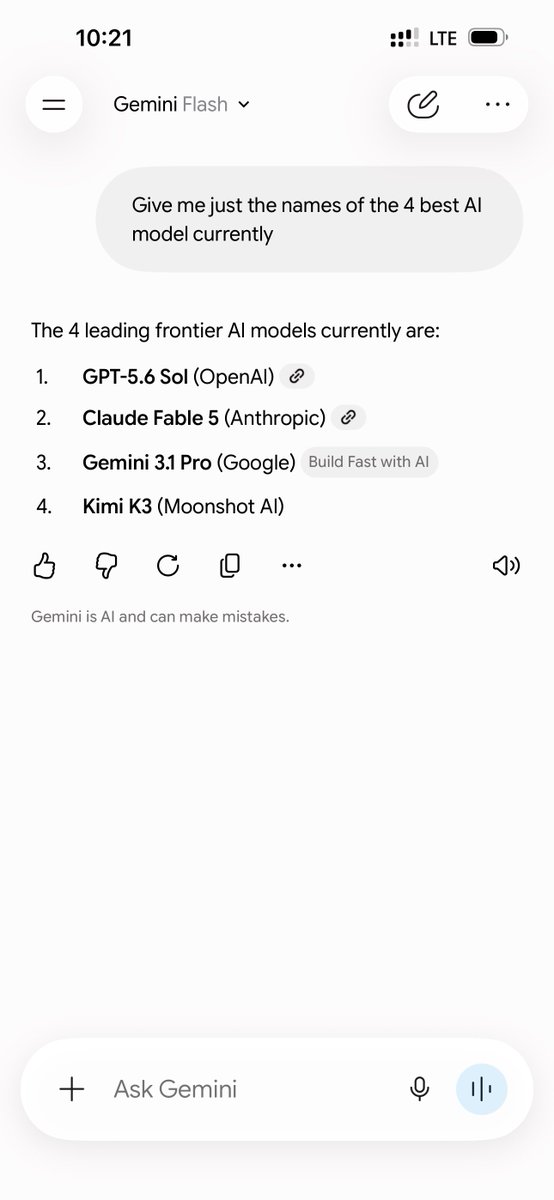 只需告诉我目前4个最佳AI模型的名称 以下是来自4个不同AI智能体的回答 @ChatGPTapp、@claudeai、@GeminiApp 和 @grok 对你来说哪一个是最好的AI模型？ht...