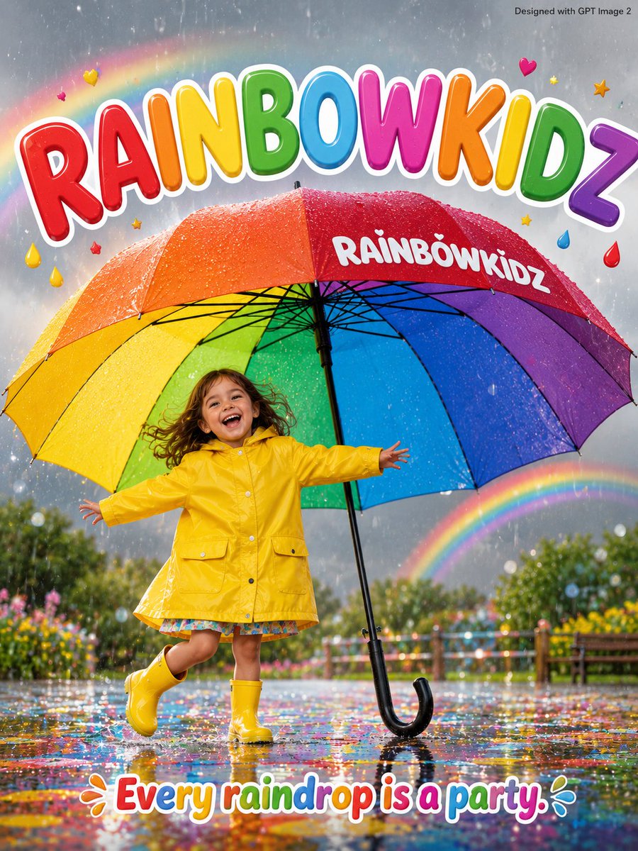 GPT image 2 on ChatGPT Prompt - 一张欢乐雨天的儿童广告海报。一个六岁、穿着亮黄色雨靴和配套黄色雨衣的开心小女孩,在一把高度是她三倍的巨大彩虹色开放雨伞下快乐地旋...