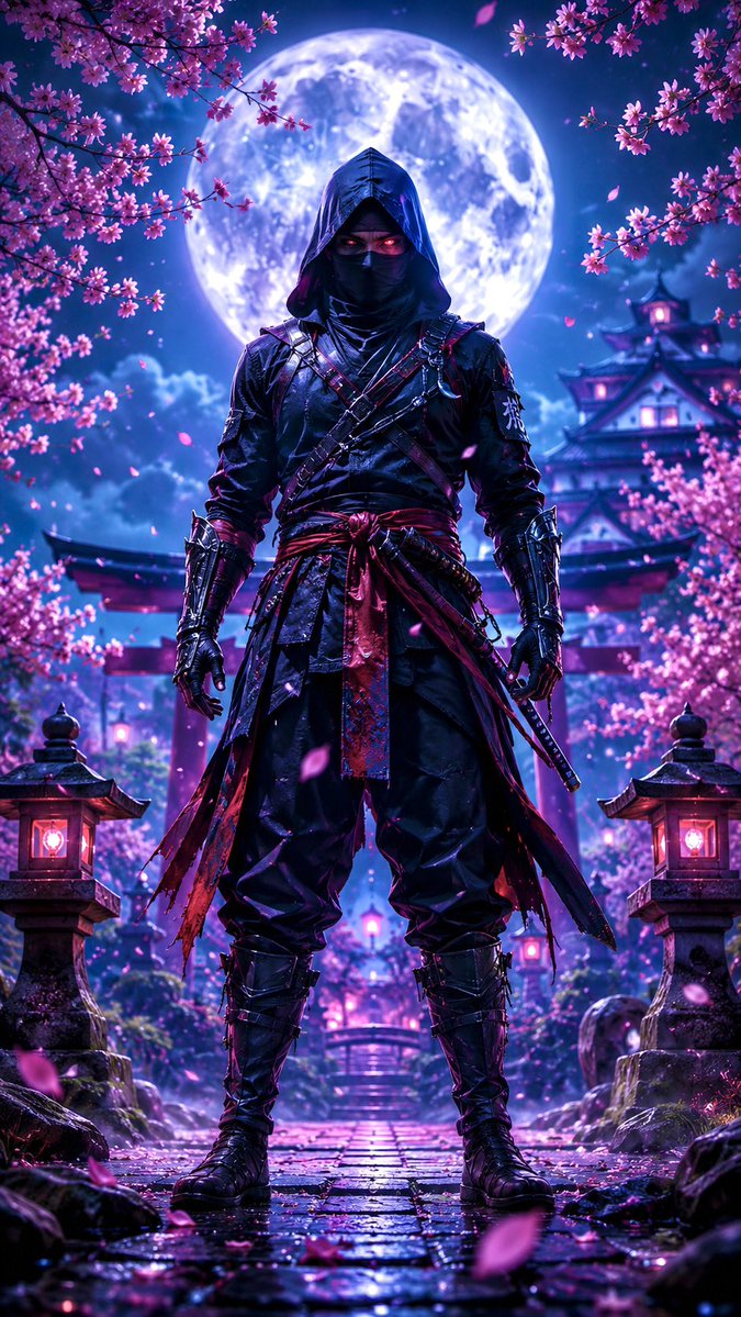 一名神秘蒙面忍者自信地站立在宁静日本庭园中的一轮巨大满月之下，被盛开的樱花枝环绕，粉色花瓣飘落飘逝。身着黑色战术忍服，配有分层绑带、金属前臂护甲...