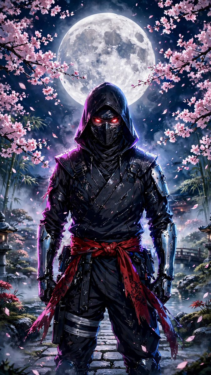 一名神秘蒙面忍者自信地站立在宁静日本庭园中的一轮巨大满月之下，被盛开的樱花枝环绕，粉色花瓣飘落飘逝。身着黑色战术忍服，配有分层绑带、金属前臂护甲、面罩， glowing 深红色眼睛，带有轻微战...