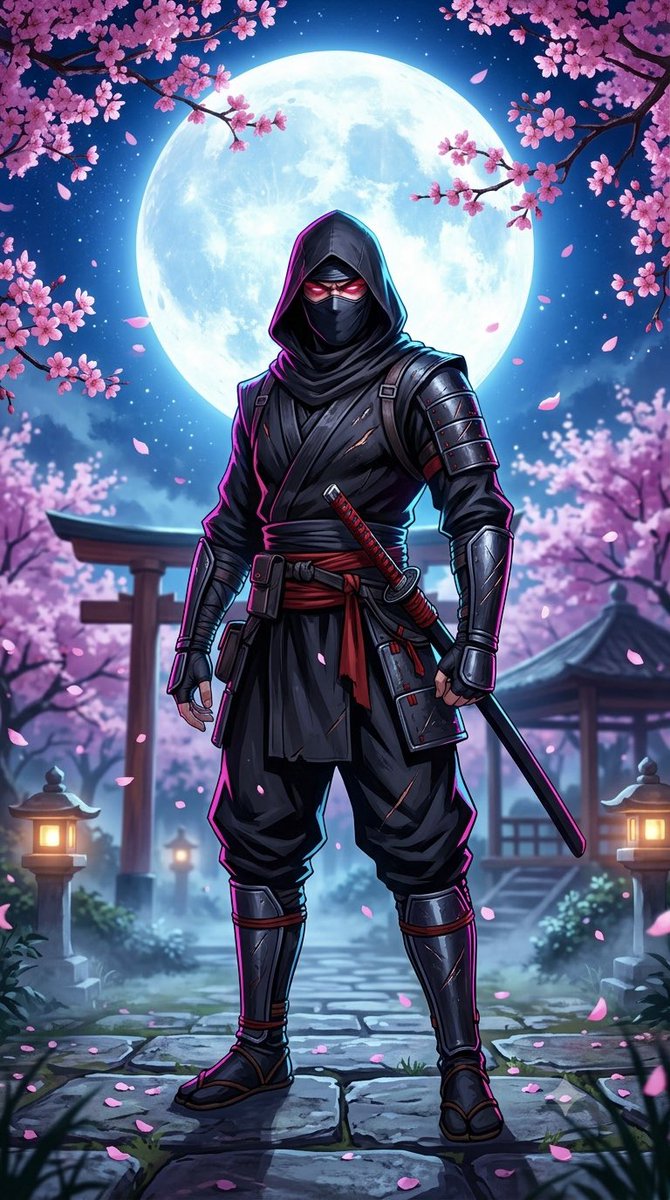 一名神秘蒙面忍者自信地站立在宁静日本庭园中的一轮巨大满月之下，被盛开的樱花枝环绕，粉色花瓣飘落飘逝。身着黑色战术忍服，配有分层绑带、金属前臂护甲、面罩， glowing 深红色眼睛，带有轻微战...