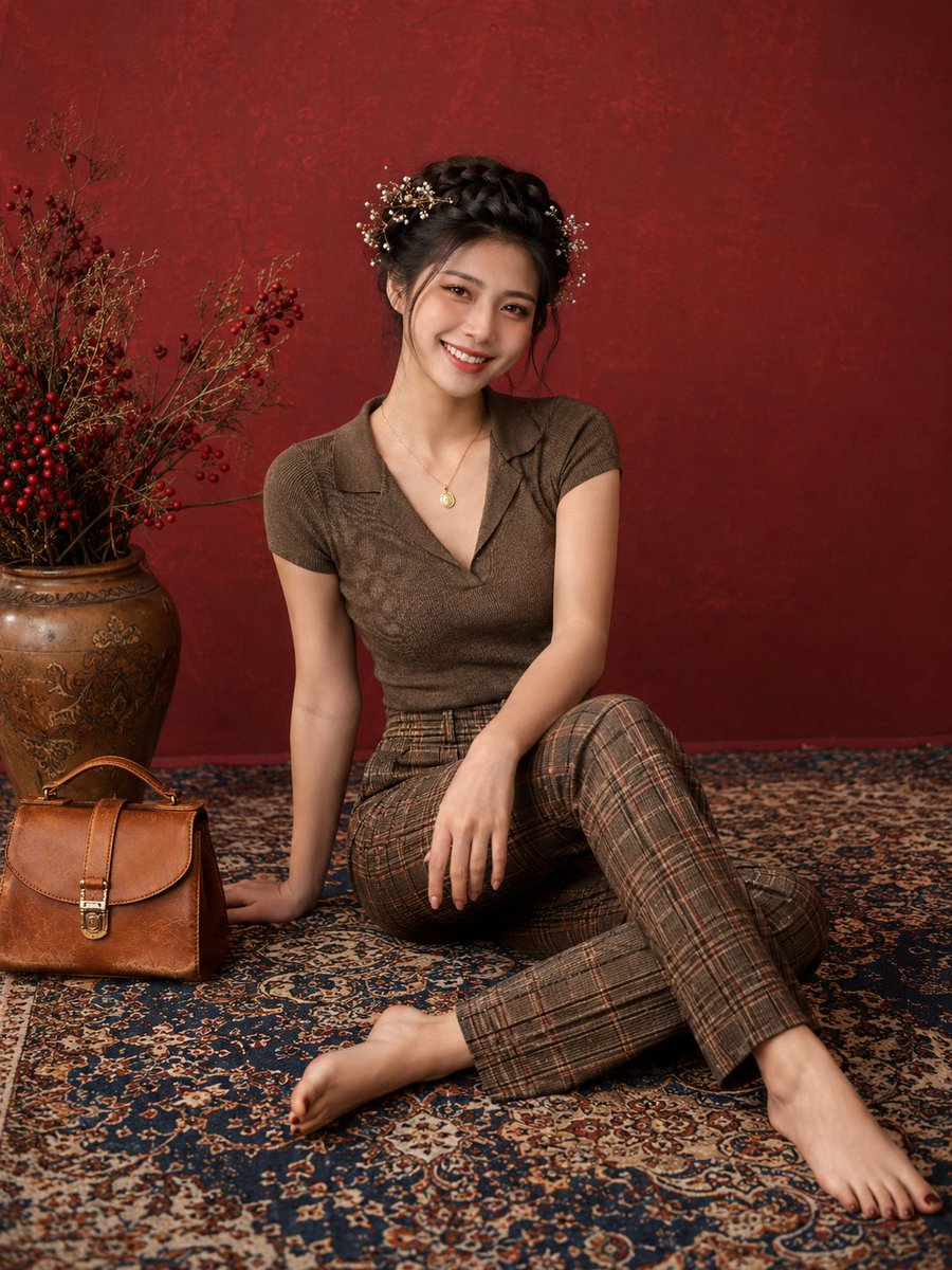 影棚优雅时尚人像写真：一位年轻女性面带温暖真诚的笑容，舒适地端坐在一块图案精美的波斯地毯上，地毯以深蓝与象牙白为主色调，背景为带有肌理的酒红色墙面。她身穿一件合身的橄榄棕短袖针织上衣，搭配剪裁...