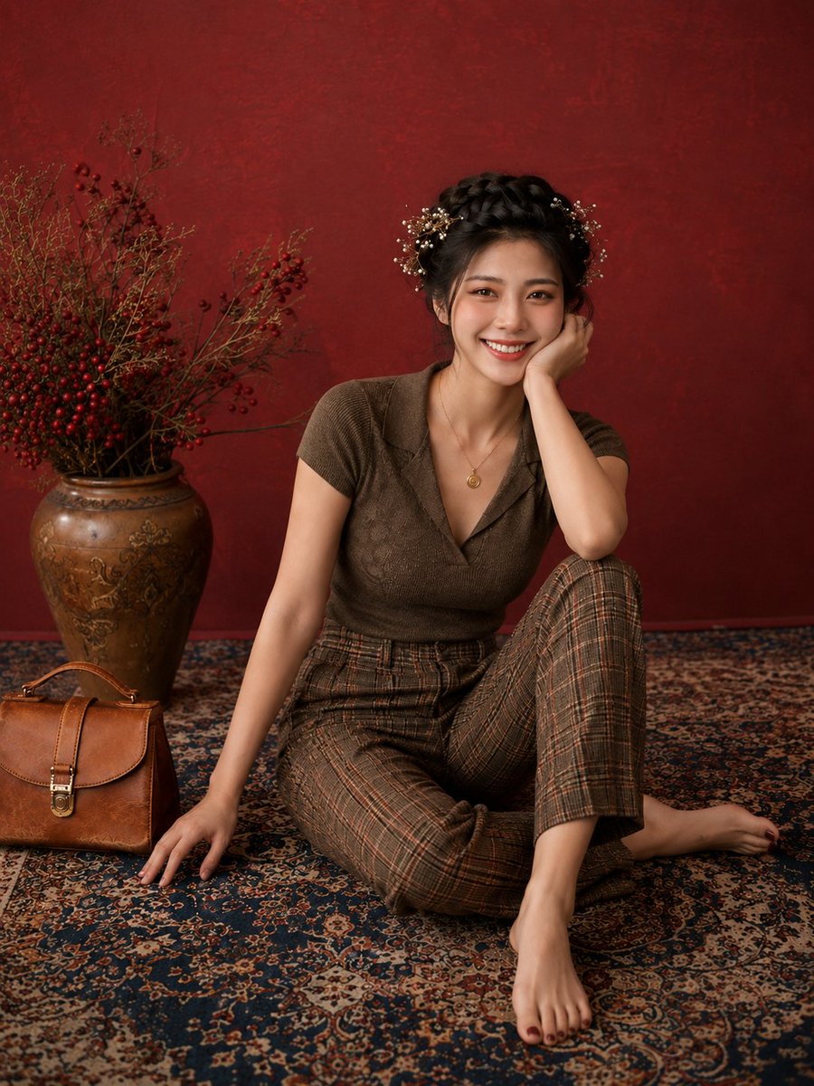 影棚优雅时尚人像写真：一位年轻女性面带温暖真诚的笑容，舒适地端坐在一块图案精美的波斯地毯上，地毯以深蓝与象牙白为主色调，背景为带有肌理的酒红色墙面。她身穿一件合身的橄榄棕短袖针织上衣，搭配剪裁...