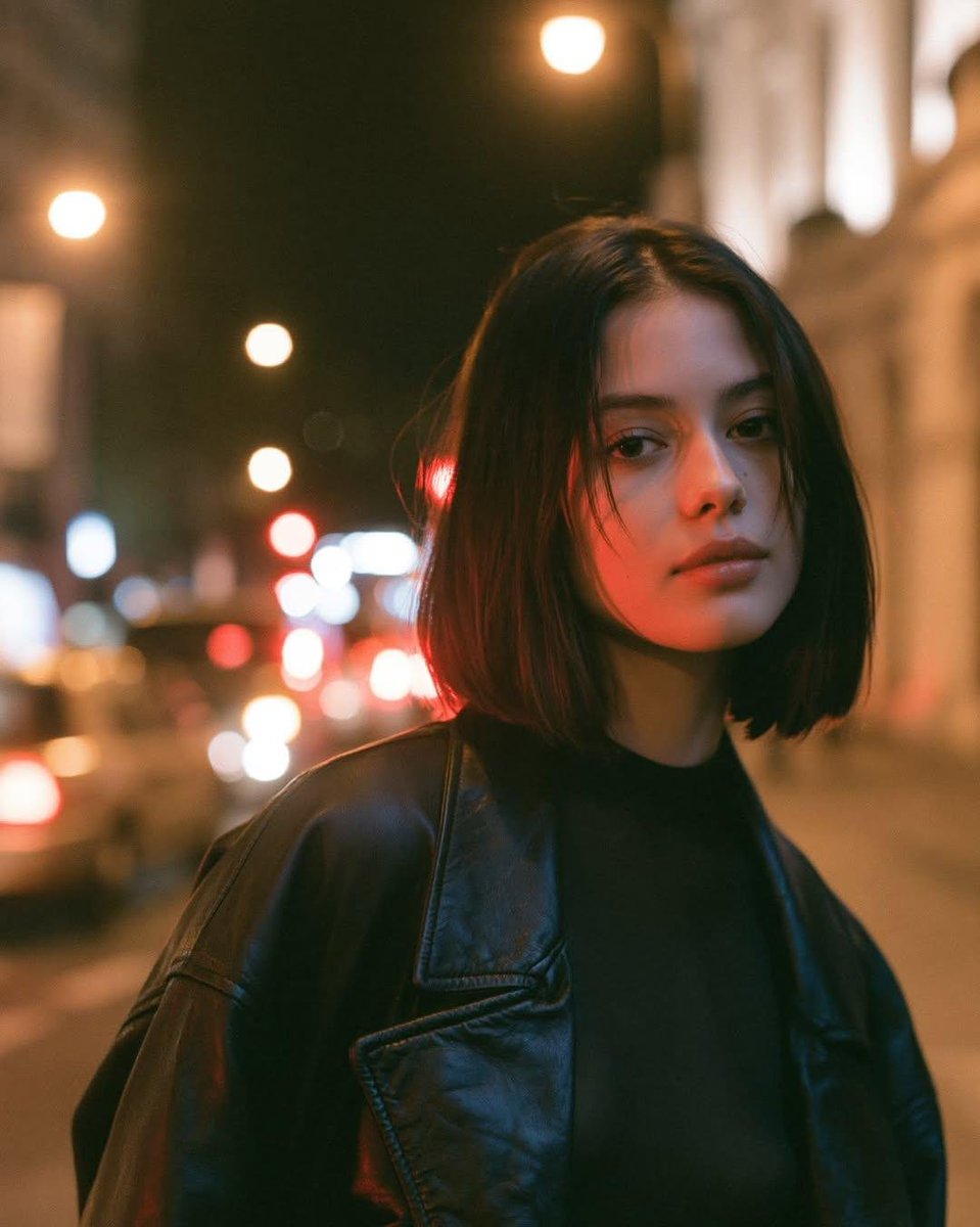 电影感夜间人像摄影，写实风格：一位年轻女子伫立在城市街道上，温暖的路灯柔和地照亮她，一侧脸颊映着微妙的红色霓虹溢光。她留着顺滑的齐肩深棕色波波头，五官自然精致，身穿黑色皮夹克搭配深色上衣。她望...