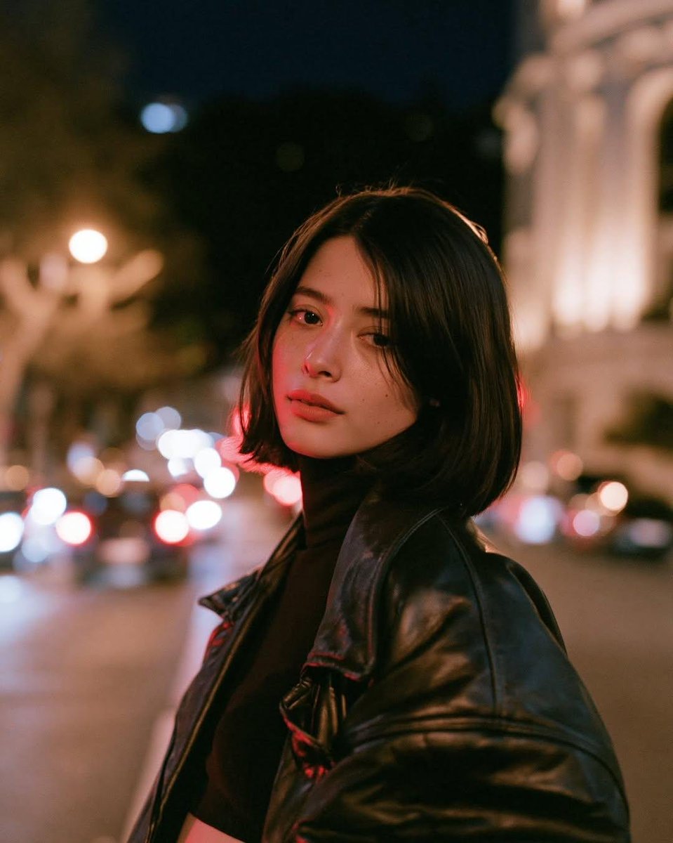 电影感夜间人像摄影，写实风格：一位年轻女子伫立在城市街道上，温暖的路灯柔和地照亮她，一侧脸颊映着微妙的红色霓虹溢光。她留着顺滑的齐肩深棕色波波头，五官自然精致，身穿黑色皮夹克搭配深色上衣。她望...