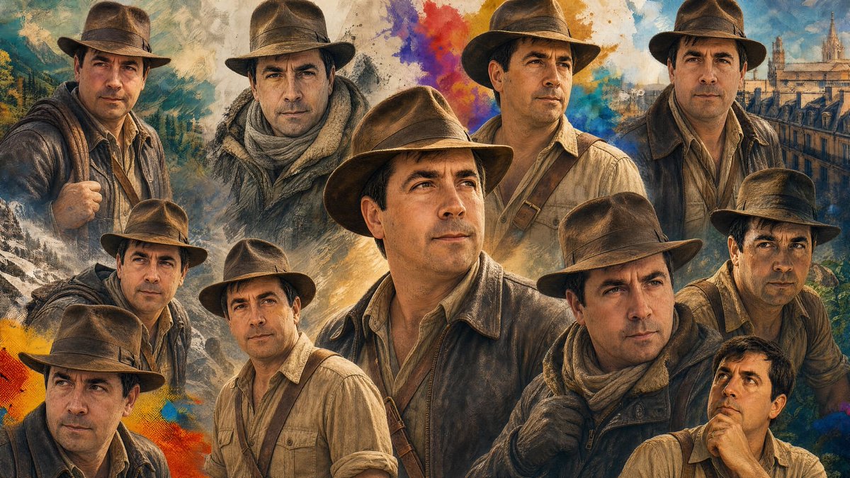 “将所附照片中的人物作为主角，演绎至少10个受《夺宝奇兵》（Raiders of the Lost Ark）启发的标志性场景。始终保持他的面部特征和身份清晰可辨。将其重塑为一位无所畏惧的193...