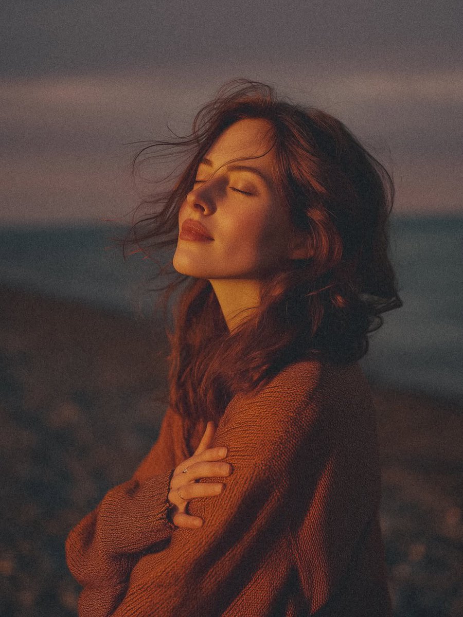 电影感的、超写实的人像肖像：一位美丽的年轻女子站在金色时刻一片宁静的岩石海滩上,身体微微侧向一边,眼帘轻闭,双臂交叉环抱自己,仿佛在享受清凉的海风。中长的波浪状栗棕色头发在风中自然飘动,几缕松...