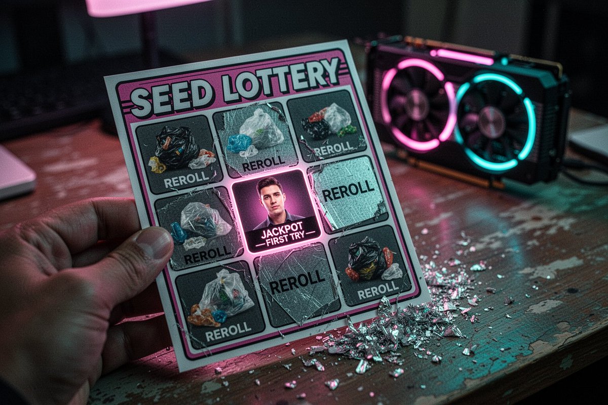 夜间，一张特写微距镜头下，一只手拿着一张标题为“SEED LOTTERY”（种子彩票）的光滑刮刮乐彩票，悬于一张磨损的木质桌面之上。彩票上有一个 3x3 的刮奖格子——大多数已被刮开，露出模糊...