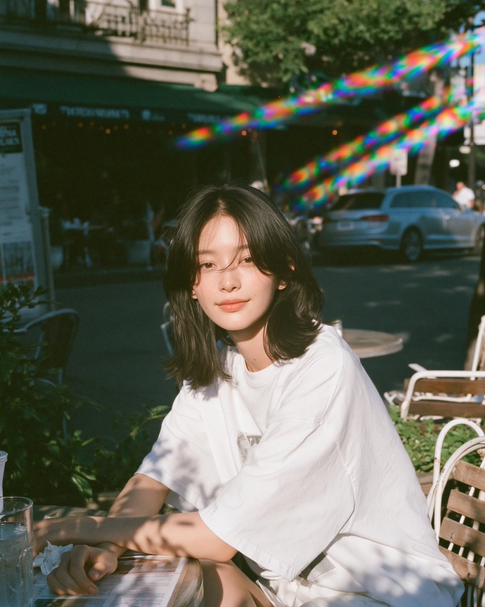 温暖阳光下的胶片人像，年轻女性放松地坐在小咖啡馆露台桌旁沐浴在明亮的金色午后阳光下，目光平静柔和、双眼睁开，身穿超大号白色T恤，身后是清晰可辨的户外街景，场景明亮通透，一束棱镜般的彩虹镜头光晕...