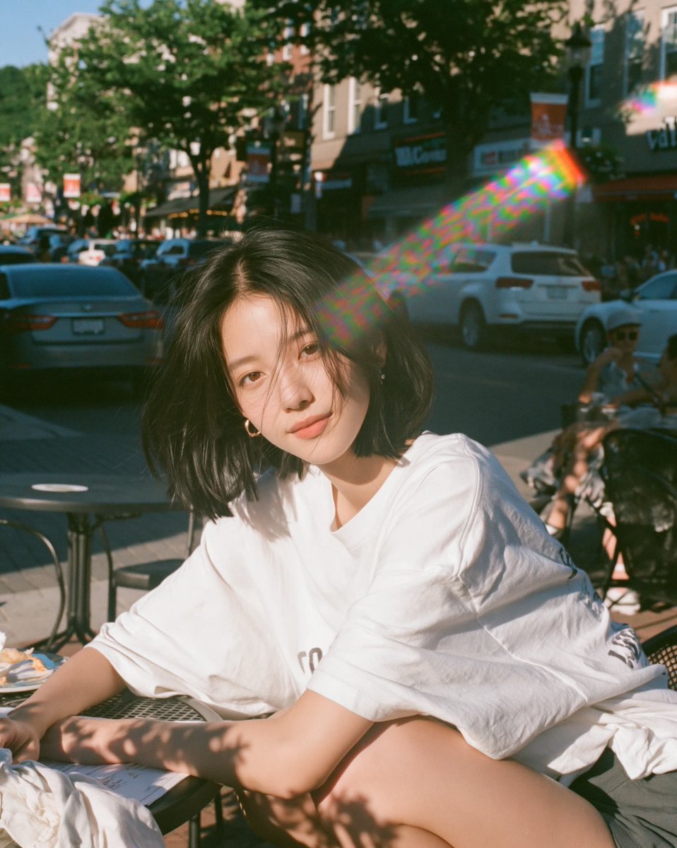 温暖阳光下的胶片人像，年轻女性放松地坐在小咖啡馆露台桌旁沐浴在明亮的金色午后阳光下，目光平静柔和、双眼睁开，身穿超大号白色T恤，身后是清晰可辨的户外街景，场景明亮通透，一束棱镜般的彩虹镜头光晕...
