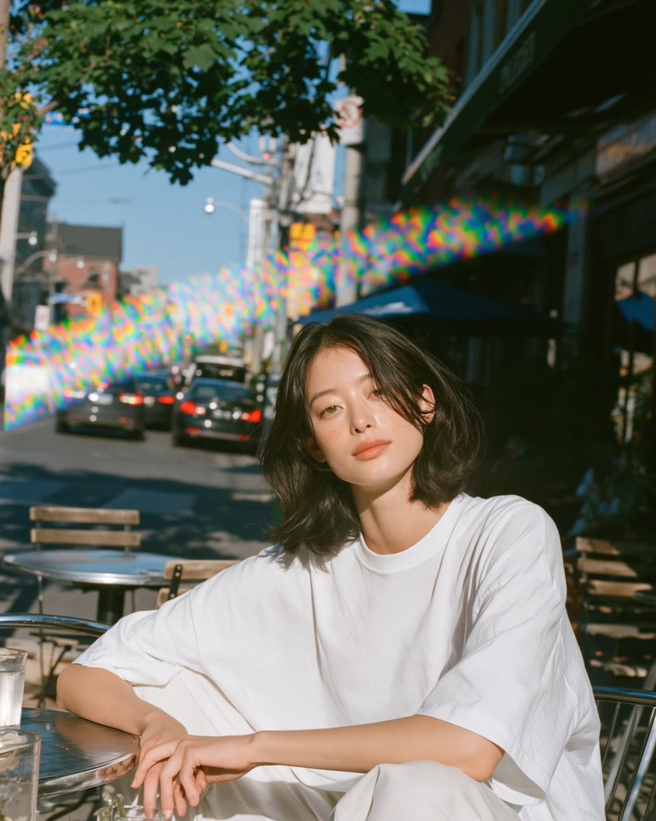 温暖阳光下的胶片人像，年轻女性放松地坐在小咖啡馆露台桌旁沐浴在明亮的金色午后阳光下，目光平静柔和、双眼睁开，身穿超大号白色T恤，身后是清晰可辨的户外街景，场景明亮通透，一束棱镜般的彩虹镜头光晕...