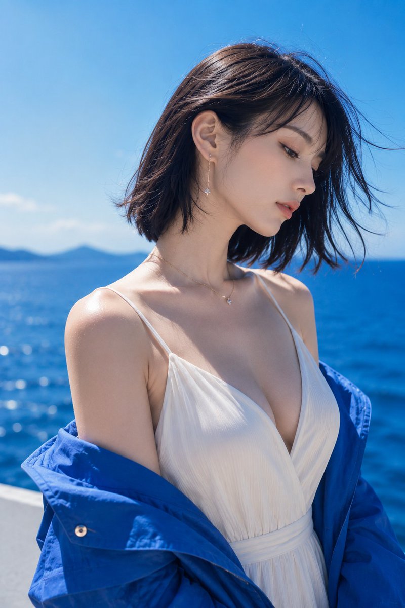 主题： 披着蓝色的侧脸 主体： 一位成年女性独自站在晴朗的海边。人物置于画面中央略偏左，纵向 2:3 的时尚肖像，从胸前到头顶取景。鲜艳的蓝色外套松松地搭在双肩，让白色 V 领服装与蓝色海面形...