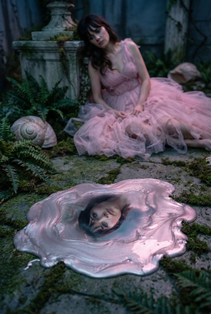 女性, 主角 (The Protagonist), 无年龄感, 中性、疲惫的平静，在倒影中被完美捕捉, 深色，凌乱的刘海垂下, 放松，重心下沉，双肩低垂, 劫后余生的平静，内省, 瘫软并沉重地...
