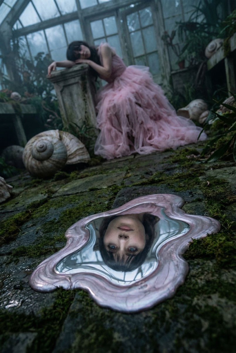 女性, 主角 (The Protagonist), 无年龄感, 中性、疲惫的平静，在倒影中被完美捕捉, 深色，凌乱的刘海垂下, 放松，重心下沉，双肩低垂, 劫后余生的平静，内省, 瘫软并沉重地...