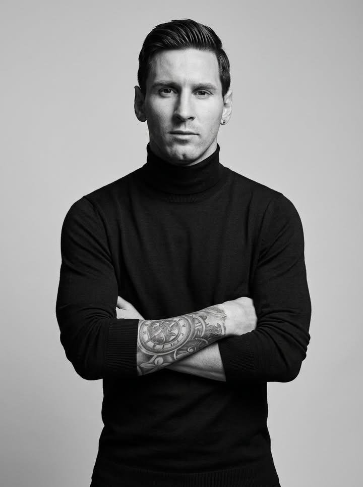 超写实的黑白影棚人像：一位自信的运动型男子正面直视镜头，双臂交叉于胸前。 人物占据画面垂直方向的约 75–80%，裁切范围从大腿中部向上。他身穿一件剪裁合体的优质黑色高领毛衣，面料带有细腻的纹...