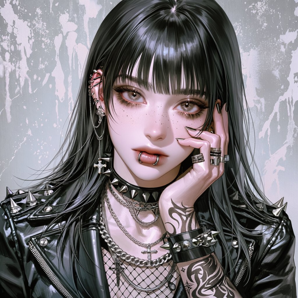 펑크룩 Prompt [캐릭터 프롬] [[[yazawa ai fashion style, gothic punk rock aesthetic, sharp detailed linea...