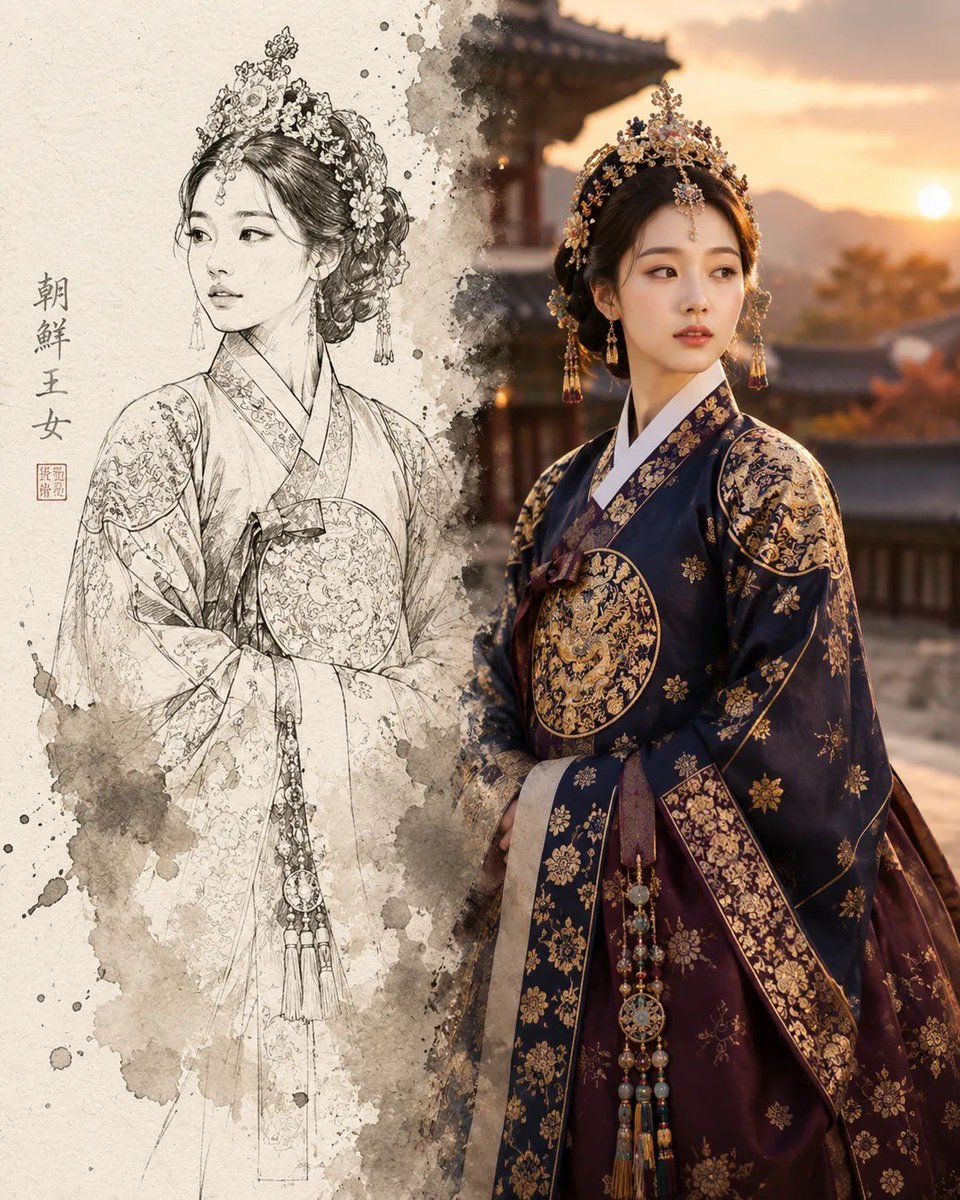 创作一幅分屏构图。左侧：朝鲜王朝时期一位优雅的韩国女性的墨线素描，她身着美丽的韩服，头戴花饰发簪。右侧：同一女性出现在夕阳下的传统朝鲜村落中，是一幅超写实肖像。从素描到现实的过渡无缝衔接，电影...