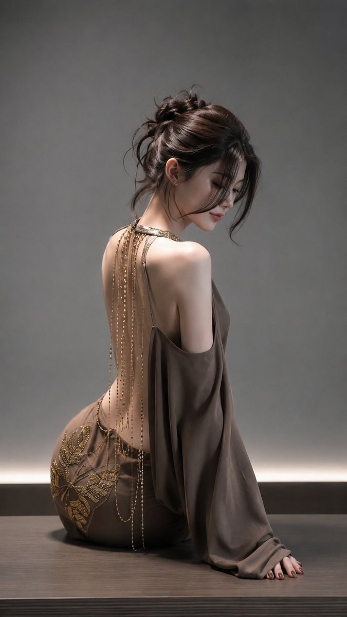 写实竖幅豪华时尚写真人像，沉郁极简棚拍场景。成年东亚女性，21岁以上，坐于深色木质平台上，身体背向镜头，头部轻柔从肩膀回转呈柔和侧面轮廓。略偏右，从赤脚至头顶取景。优雅坐姿：一腿折叠侧放，另一...