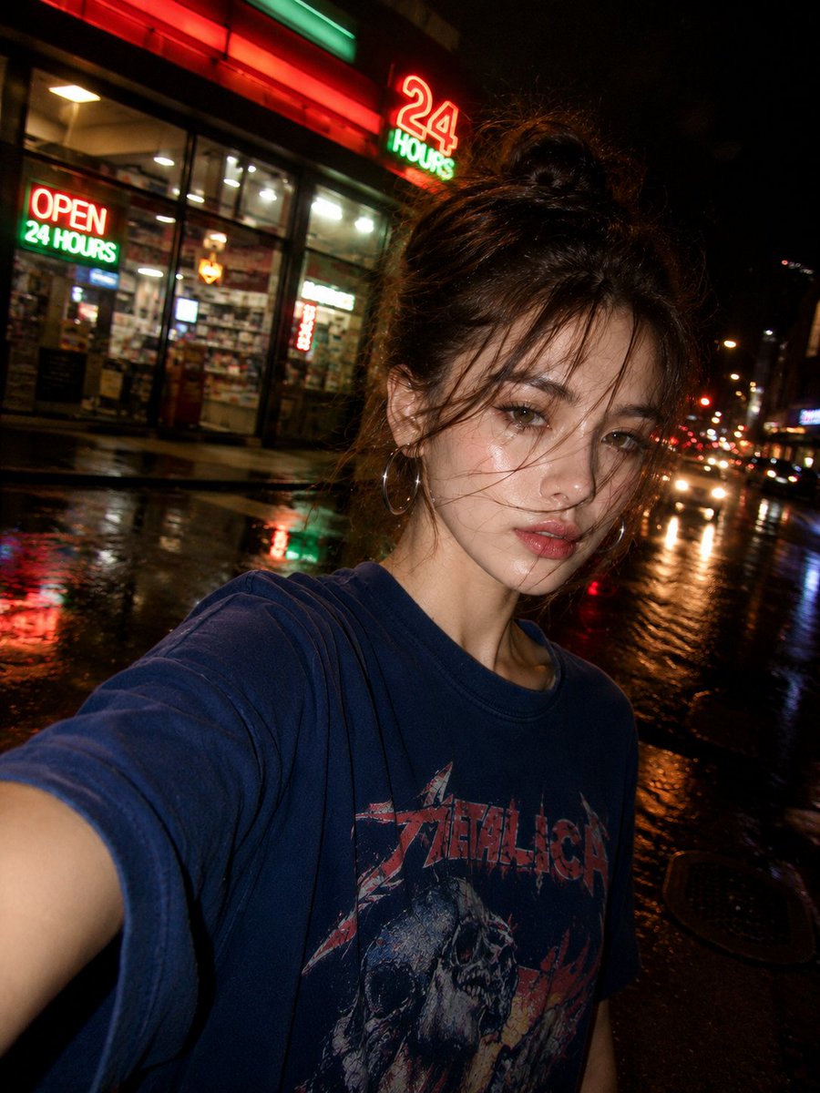 使用 GPT image 2.0 在 ChatGPT 上创建 提示词：创建一张超写实的夜间街头自拍照，照片中一位美丽的年轻东亚女性站在一条被雨水浸透的城市人行道上，身后是一家灯火通明的24小时...