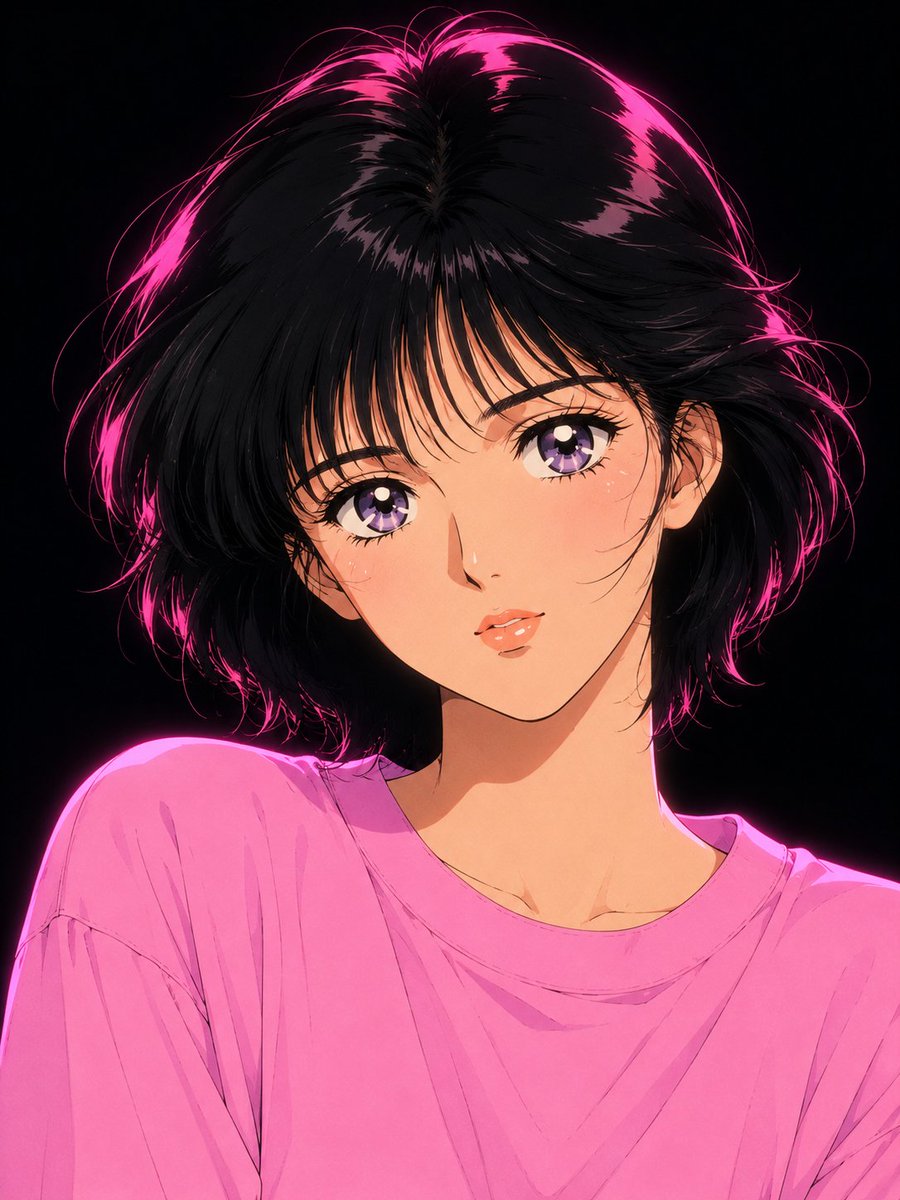创作一幅极致精细的复古日系动漫肖像，灵感源自1980年代末至1990年代初真实的少女漫画赛璐珞（cel）动画风格。描绘一位优雅的年轻女性，拥有莹润透亮的瓷白肌肤、淡紫灰色的大眼睛、纤长如羽的睫...