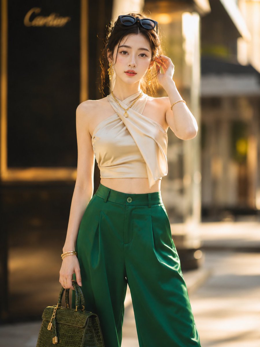一位美得不可思议的年轻韩国女演员，被远距离长焦镜头以抓拍方式捕捉到，自然地回眸一瞥，流露出毫不费力的自信神态，姿态放松又不失时尚感，一只手提着精致的名牌手袋，另一只手轻抚秀发，修长优雅的身形，...