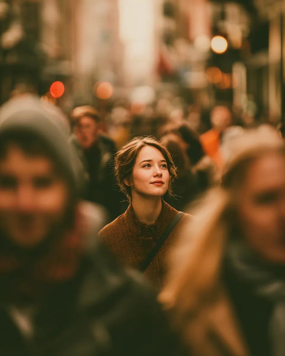 一位女士在熙熙攘攘的人群中平静地走着，周围所有人都在移动并略显模糊。她向侧面并略微向上看去，神情平静、中性，也许带着一丝非常细微、含蓄的微笑。场景发生在一条街道上，可以看到建筑物、人行道和路灯...