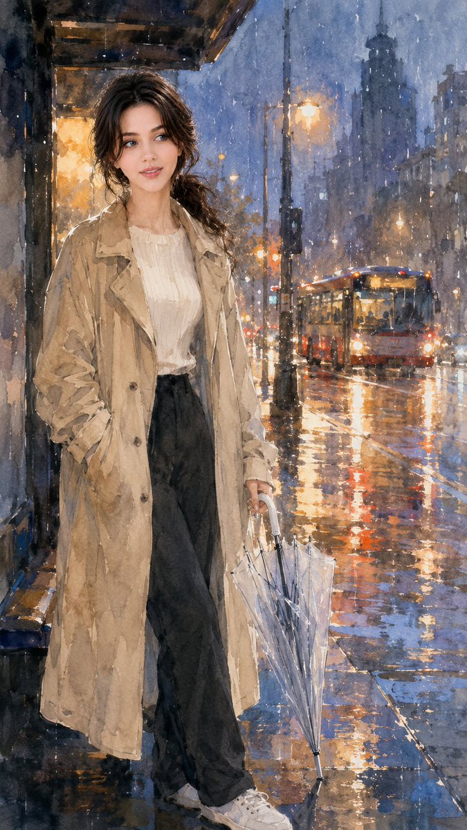 雨夜城市漫步 提示词： 超写实IMAX级Netflix风格高级水彩插画，9:16竖版构图，一位美丽的年轻女子在细雨绵绵的傍晚独自站在一座现代都市公交车站旁，整个人物以优雅的水彩风格绘制，运用富...