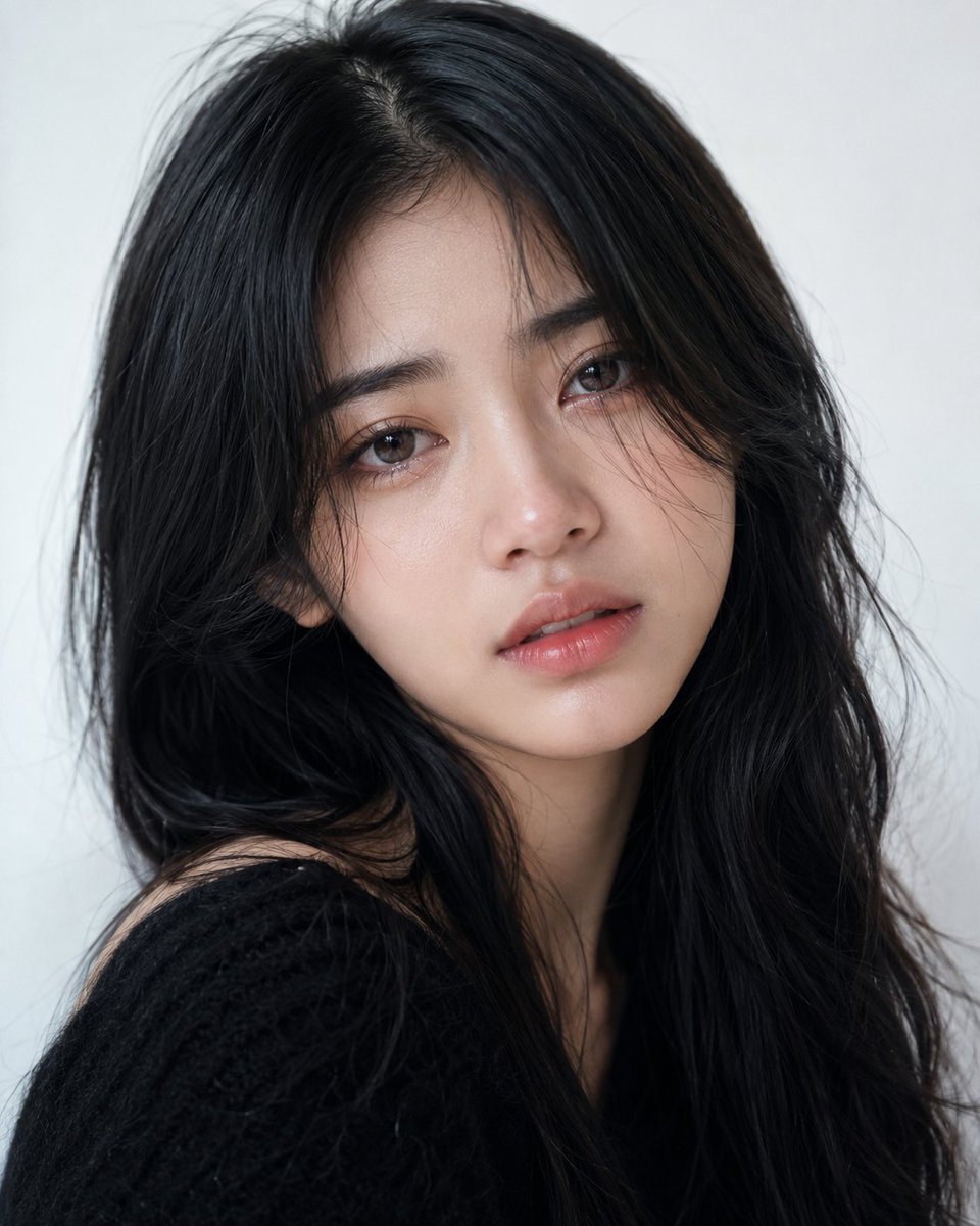 极度写实的极致特写美妆人像，拍摄一位20岁、容貌出众的印尼女子。她拥有白皙暖调的肌肤、光滑透亮的肤色、真实的毛孔、细腻自然的微光以及完美无瑕的健康肌理。她有着一头长而深邃的乌黑长发，发丝柔顺光...
