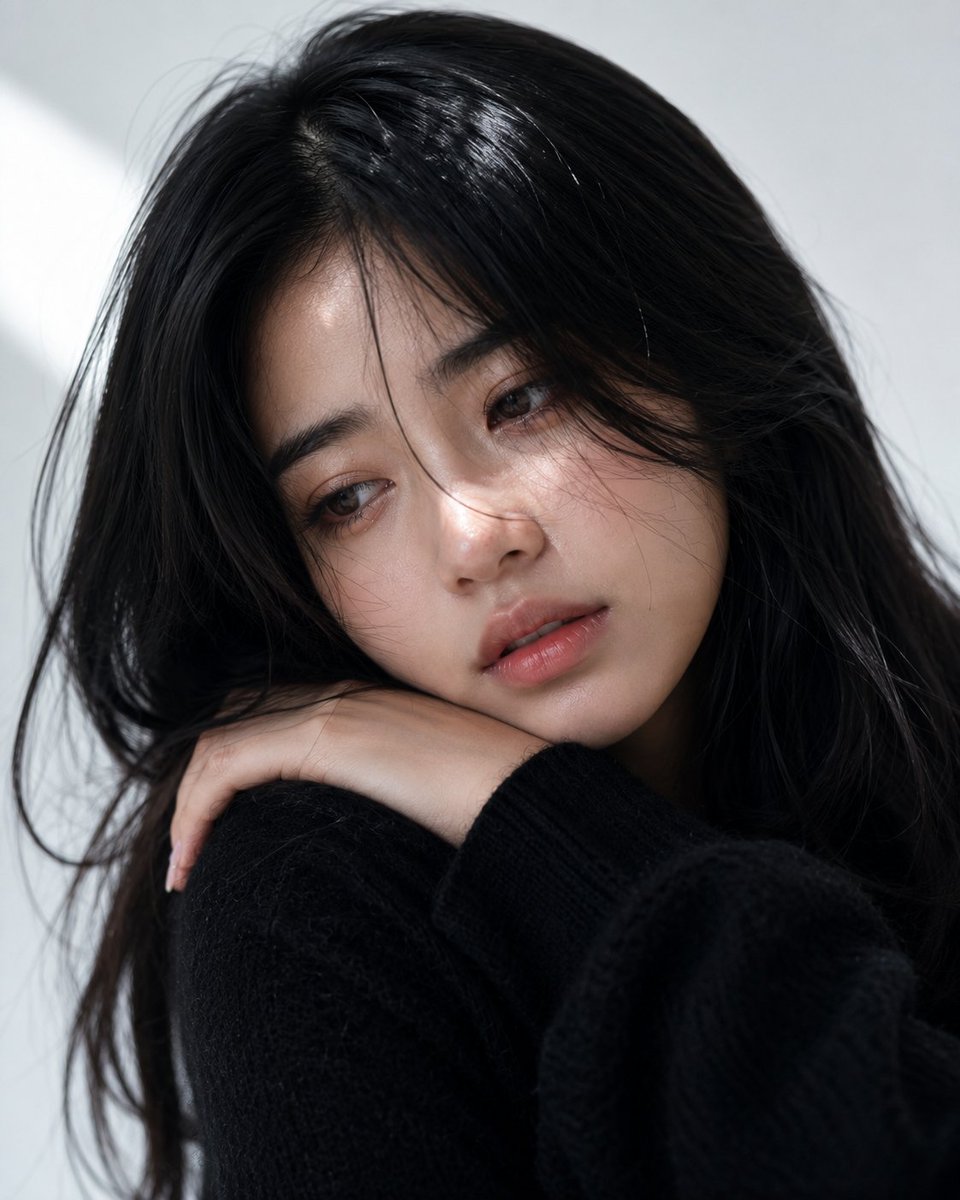 极度写实的极致特写美妆人像，拍摄一位20岁、容貌出众的印尼女子。她拥有白皙暖调的肌肤、光滑透亮的肤色、真实的毛孔、细腻自然的微光以及完美无瑕的健康肌理。她有着一头长而深邃的乌黑长发，发丝柔顺光...