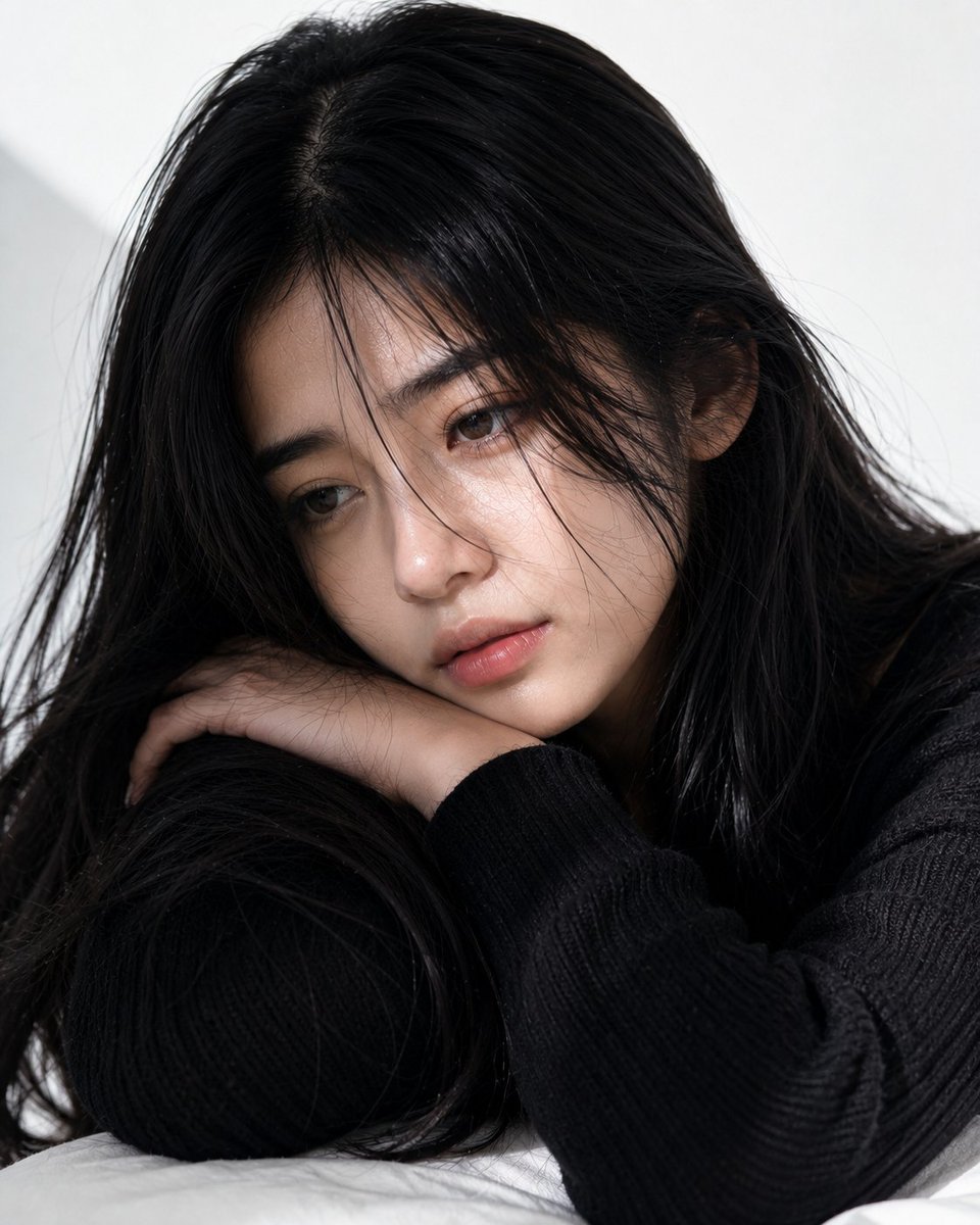 极度写实的极致特写美妆人像，拍摄一位20岁、容貌出众的印尼女子。她拥有白皙暖调的肌肤、光滑透亮的肤色、真实的毛孔、细腻自然的微光以及完美无瑕的健康肌理。她有着一头长而深邃的乌黑长发，发丝柔顺光...
