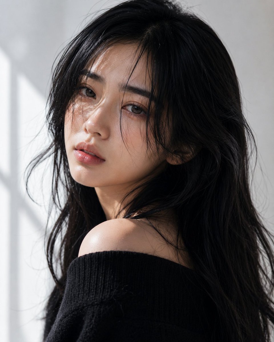 极度写实的极致特写美妆人像，拍摄一位20岁、容貌出众的印尼女子。她拥有白皙暖调的肌肤、光滑透亮的肤色、真实的毛孔、细腻自然的微光以及完美无瑕的健康肌理。她有着一头长而深邃的乌黑长发，发丝柔顺光...