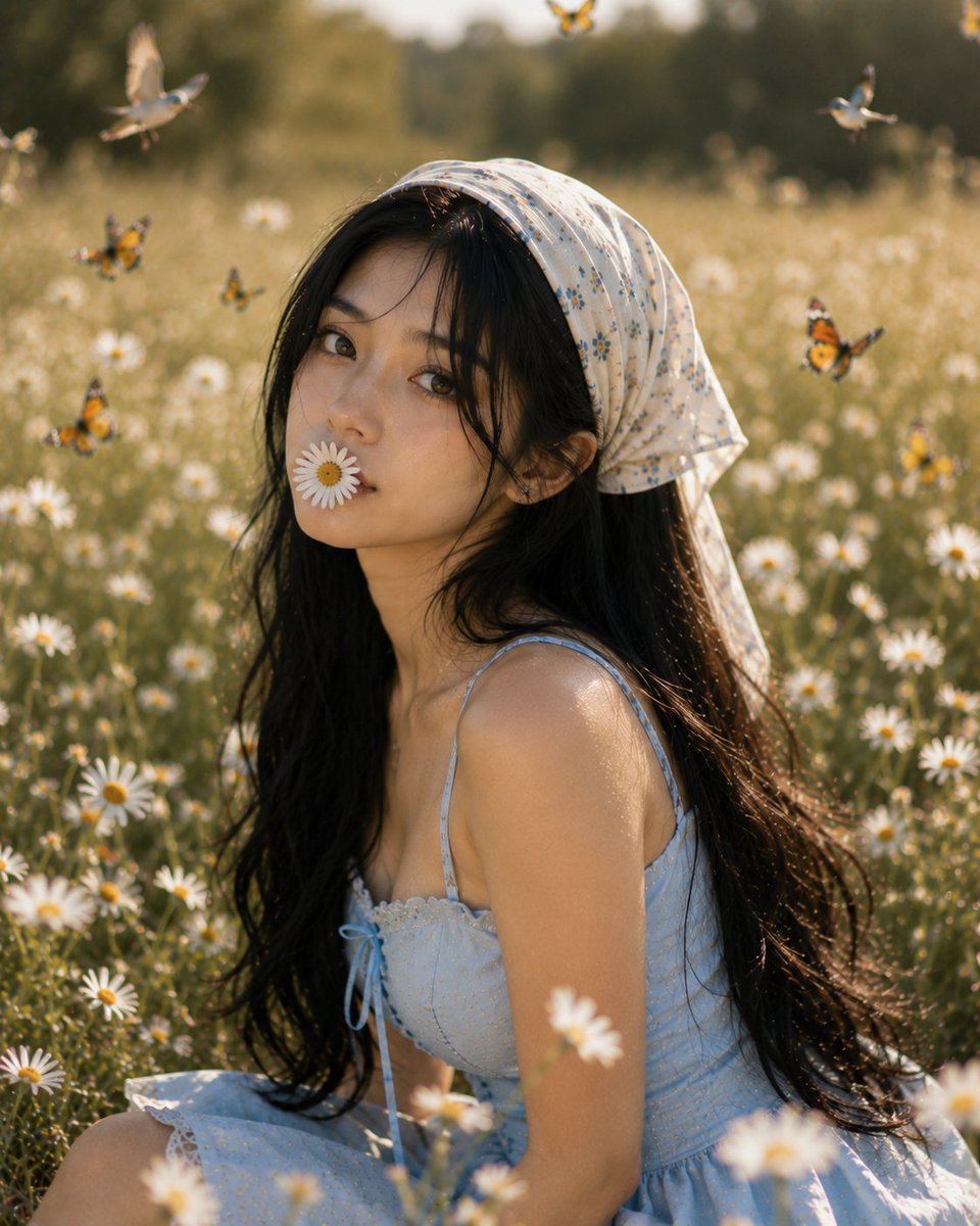 超现实主义的编辑级肖像作品，描绘一位极其美丽的19岁印度尼西亚女性，拥有白皙温暖的肤色、丝般顺滑的乌黑长发以及精致的自然妆容。她头系一条白色碎花图案的方巾，身着带细腻蕾丝细节的无袖浅蓝色夏季连...