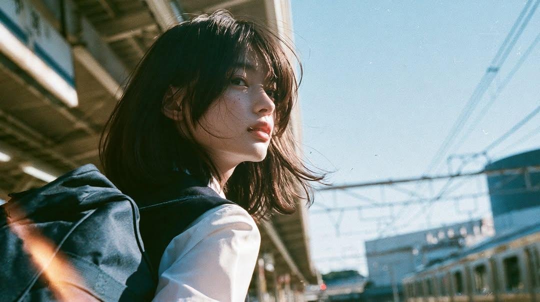 夏日午后明亮的阳光下，在郊区火车站拍摄一名日本高中女生的电影感成长肖像，身穿白色水手风格校服搭配浅蓝色短裙，背着一个藏青色书包和双肩包。肩部黑发被自然风吹动，捕捉自然表情，望向火车窗外，独自站...
