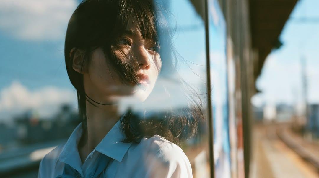 夏日午后明亮的阳光下，在郊区火车站拍摄一名日本高中女生的电影感成长肖像，身穿白色水手风格校服搭配浅蓝色短裙，背着一个藏青色书包和双肩包。肩部黑发被自然风吹动，捕捉自然表情，望向火车窗外，独自站...