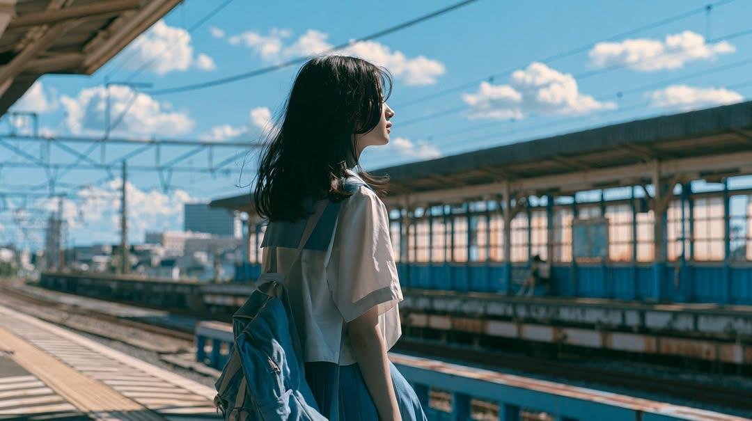 夏日午后明亮的阳光下，在郊区火车站拍摄一名日本高中女生的电影感成长肖像，身穿白色水手风格校服搭配浅蓝色短裙，背着一个藏青色书包和双肩包。肩部黑发被自然风吹动，捕捉自然表情，望向火车窗外，独自站...