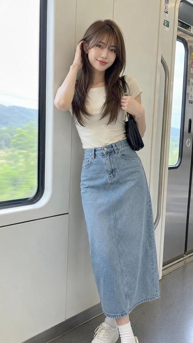 一张超写实的逼真肖像照，画面中是一位美丽的年轻韩国女性，皮肤光滑，留着齐肩黑色短发，柔和的刘海，笑容温柔。她随意地倚靠在现代火车的内壁上，直视镜头。她穿着极简的米色圆领纯棉T恤，下身搭配一条高...
