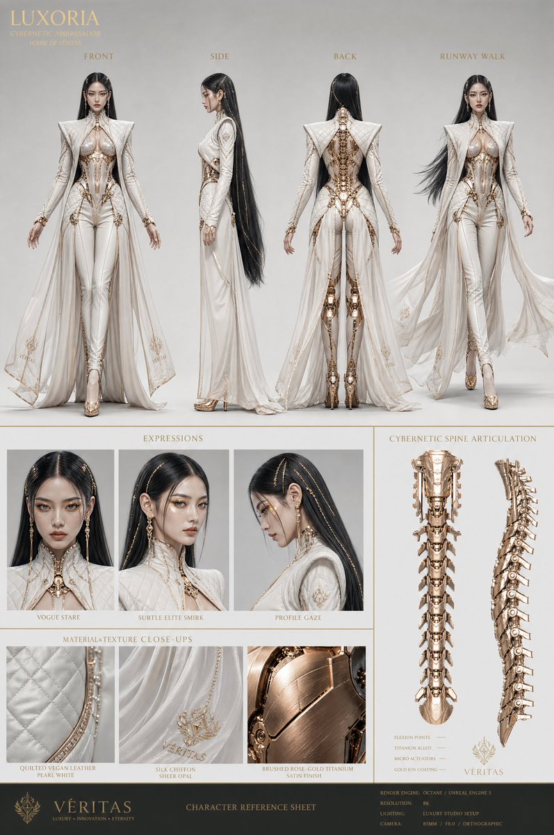 "奢华机甲高定大使", "physical_attributes": { "build": "如雕塑般修长，高级时装秀场比例", "facial_features": "惊艳的杂志级骨骼结构，...