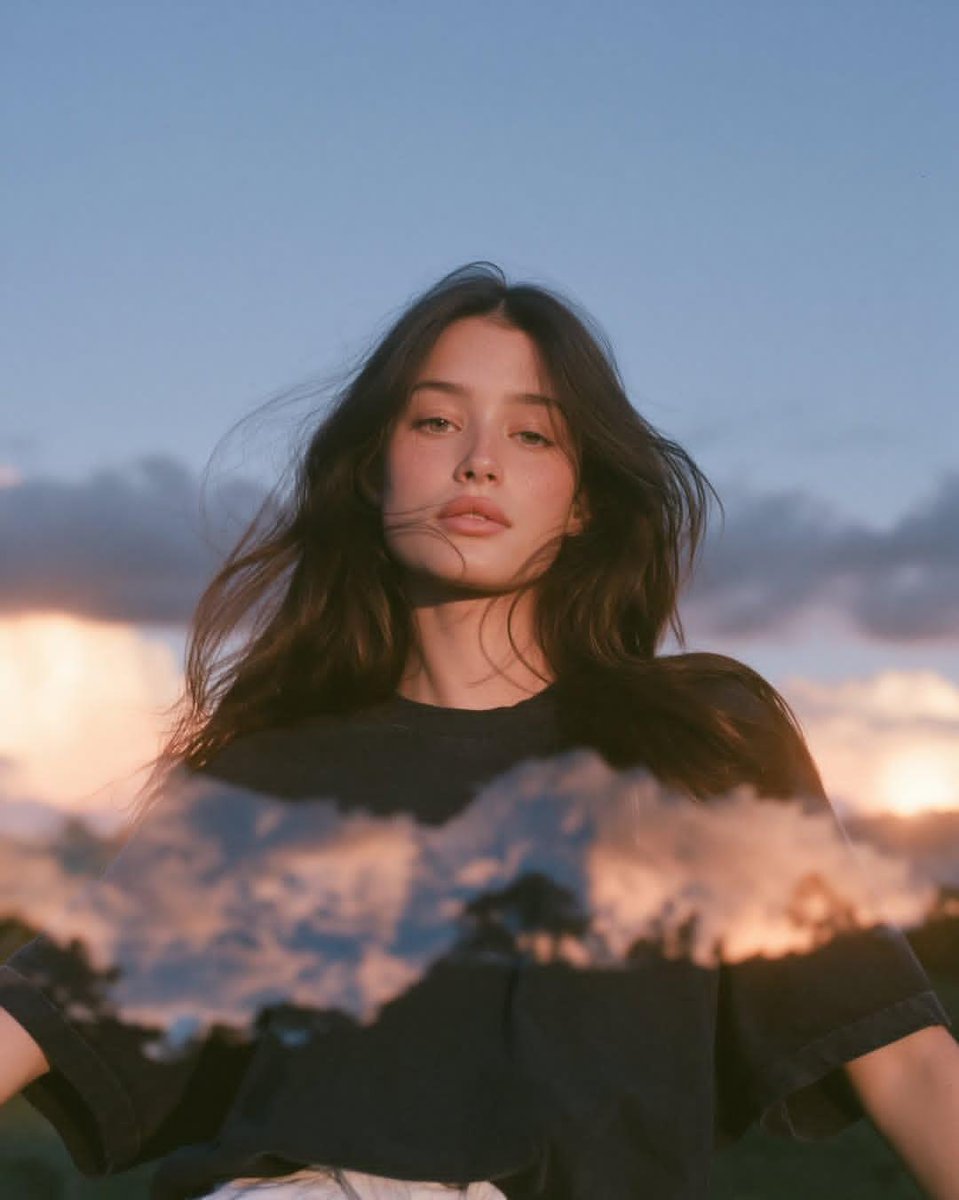 超电影感梦幻模拟胶片人像摄影：一位年轻女性在日落后蓝调时刻的户外站立，深棕色长发被微风轻轻吹乱，松散的发丝自然地掠过她的面庞，身穿一件宽松褪色的黑色T恤，极简造型，自然肌肤质感，淡妆，神态平静...