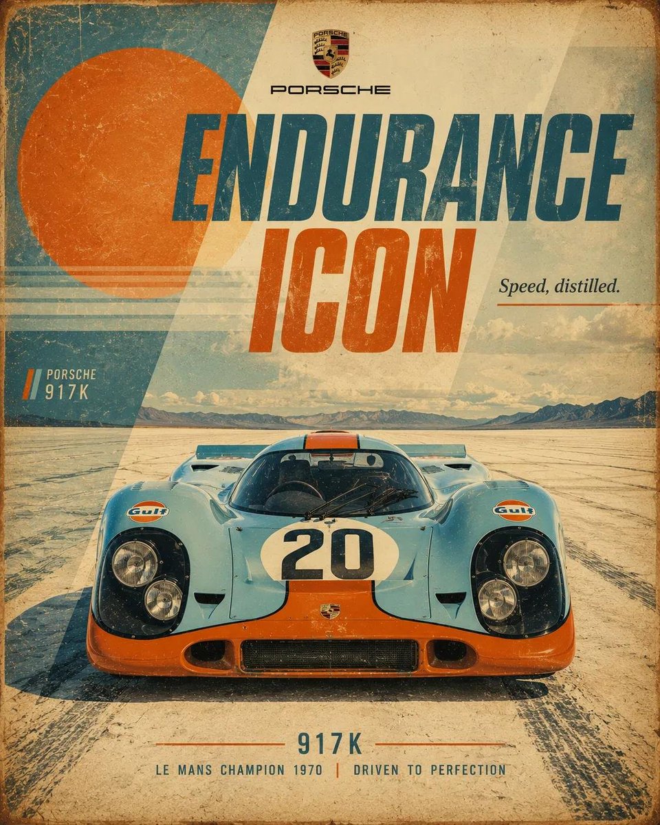 复古赛车运动海报，[CAR]，4:5 竖版。以低角度正面英雄视角展示[COLOR]色[CAR]，在画面中居中置于[SCENERY]之上。背景以极简的场景纵深与分层平面设计元素构建：一个大型太阳...