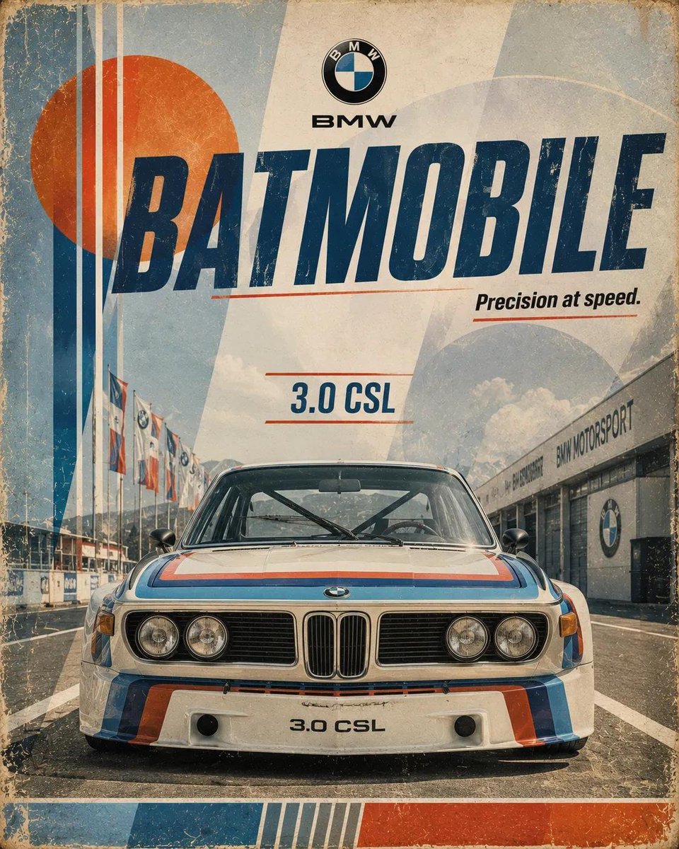 复古赛车运动海报，[CAR]，4:5 竖版。以低角度正面英雄视角展示[COLOR]色[CAR]，在画面中居中置于[SCENERY]之上。背景以极简的场景纵深与分层平面设计元素构建：一个大型太阳...