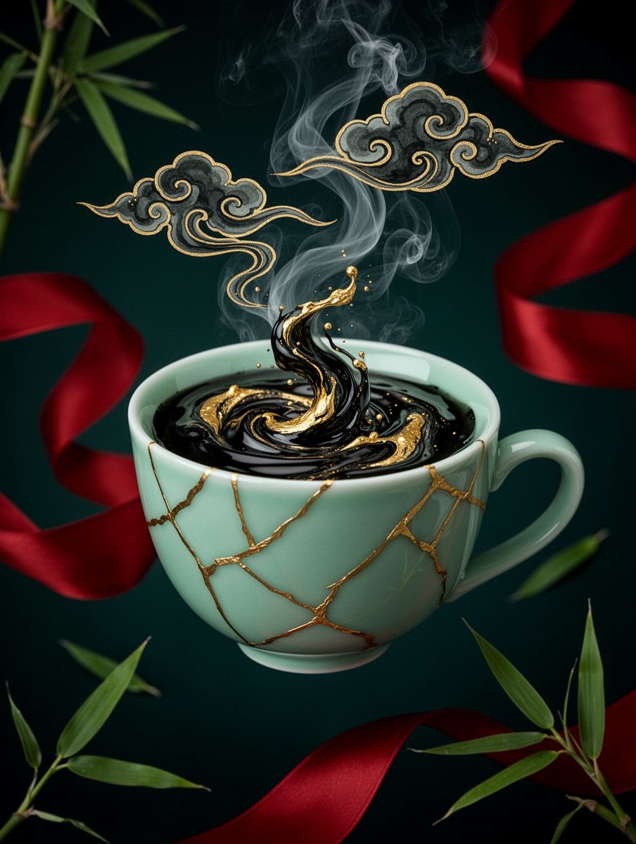 一只青瓷浅玉色瓷茶杯漂浮在深青色至黑色的背景前，杯身表面布满细密的金色金缮裂纹（金修陶瓷）。杯内是一团旋转的漩涡，由光润的黑色液体与流动的熔金交织而成，仿佛墨与金相互折叠。从杯中升起的淡淡烟雾...