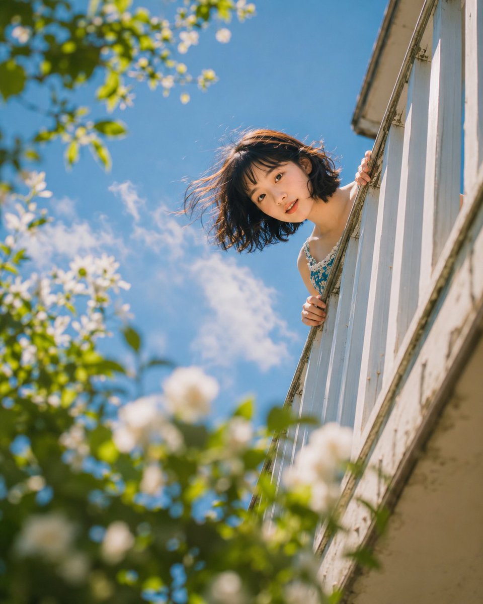 低角度特写镜头，少女的脸从白色阳台栏杆后探出，双手紧握栏杆边缘清晰可见，与镜头直接进行俏皮的眨眼交流，短黑发被风吹起，肩部可见碎花裙肩带，前景是重度模糊的绿叶和白色花朵，背景为蓝天，肤色温暖呈...