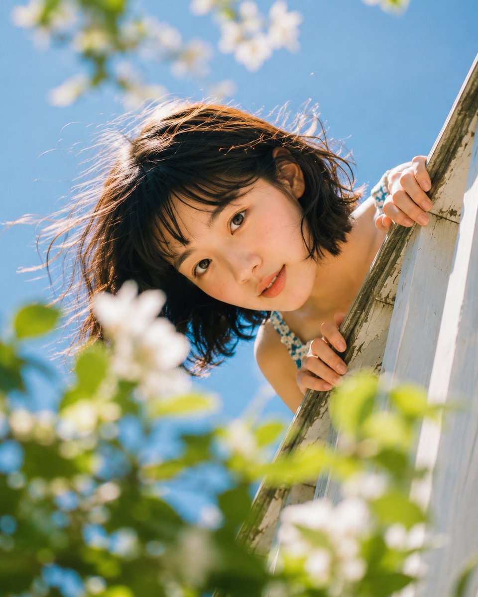 低角度特写镜头，少女的脸从白色阳台栏杆后探出，双手紧握栏杆边缘清晰可见，与镜头直接进行俏皮的眨眼交流，短黑发被风吹起，肩部可见碎花裙肩带，前景是重度模糊的绿叶和白色花朵，背景为蓝天，肤色温暖呈...